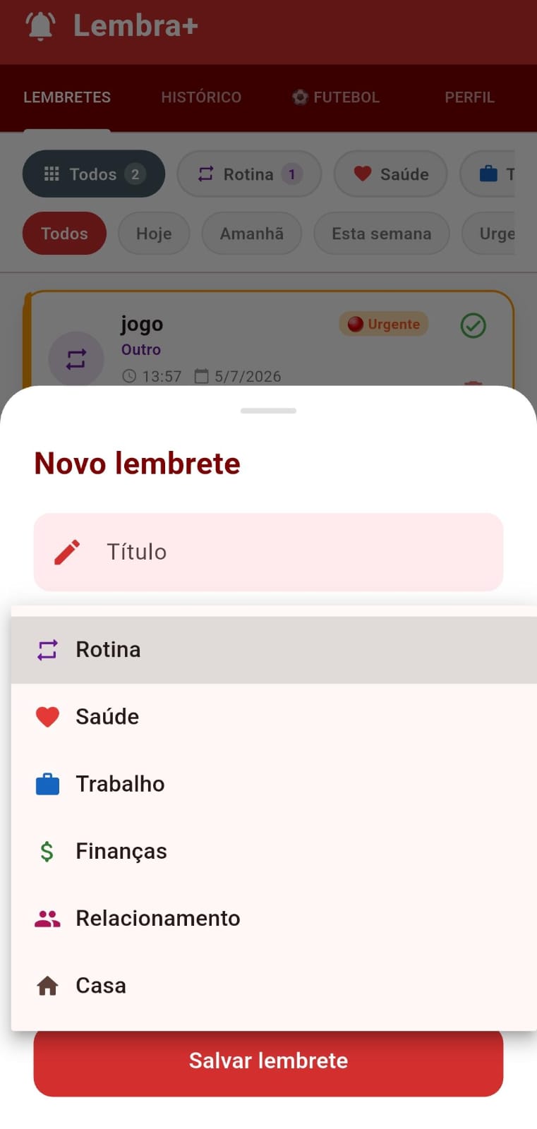 Tela para criar um novo lembrete no aplicativo Lembra+