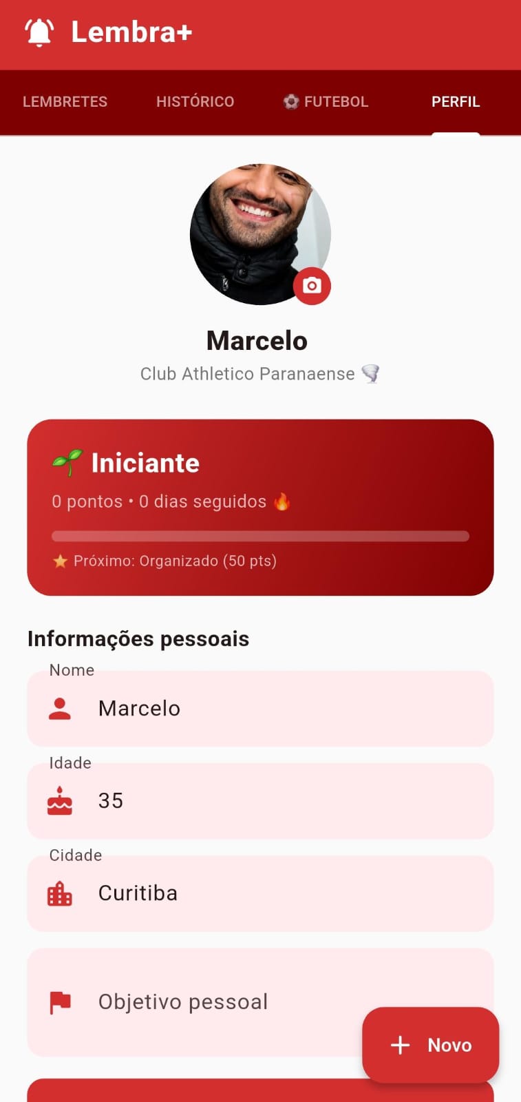 Tela de perfil do aplicativo Lembra+